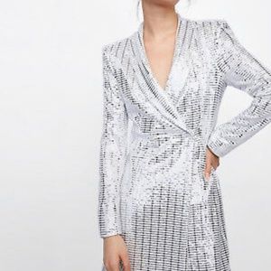 Zara Basic Silver Sequin Blazer/Jacket Dress